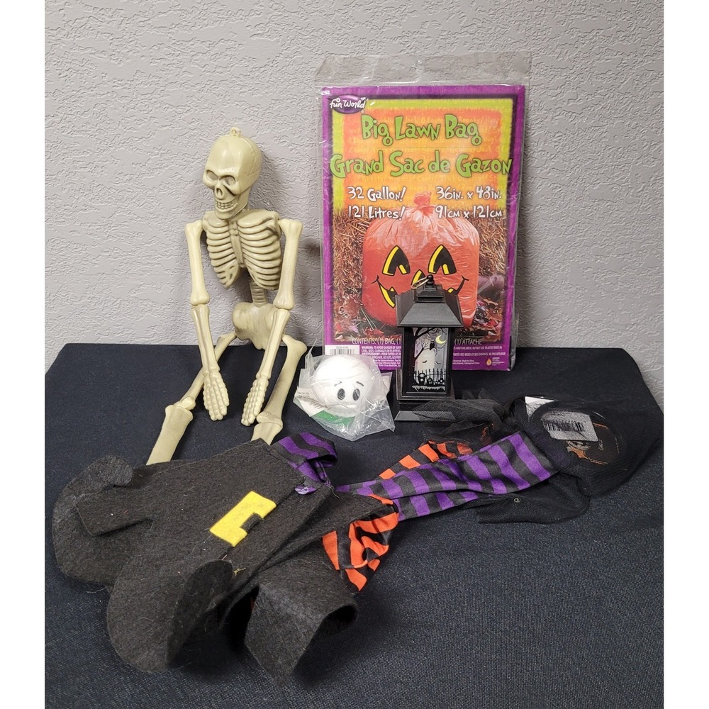 Halloween Decor Lot - Skeleton, Pumpkin Lawn Bag, Lantern, Hanging Witch Legs